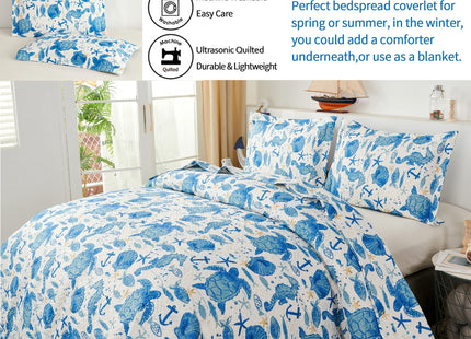 Coastal Beach Quilt Set - Queen Size Ocean Bedding Reversible Quilt Sea Turtle Blue