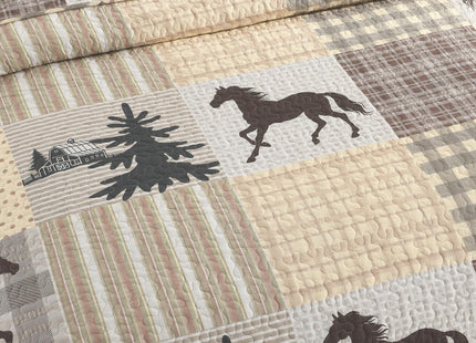 100% Cotton Rustic Lodge Cabin Horse Quilt Set, Beige Brown, Queen 90"x98"