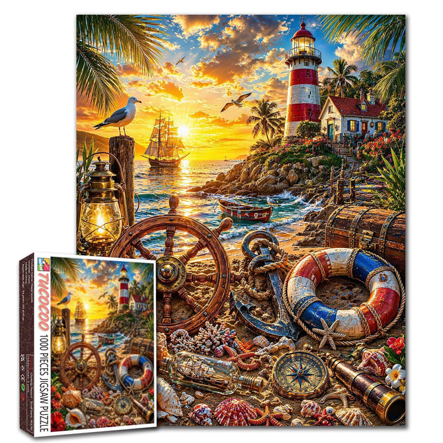 Coastal Lighthouse Sunset Puzzles Ocean Nautical Adventure 1000 Piece Jigsaw Puzzle for Adults Ship Wheel Beach Landscape Colorful Puzzle Relaxing Fun Activity Gift Home Decor 19.7 x 27.6 Inches