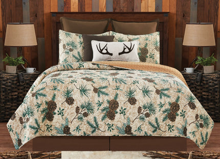 Rustic Pinecones & Needles Full/Queen Quilt Set Lodge Cabin Bedding w/ Sham