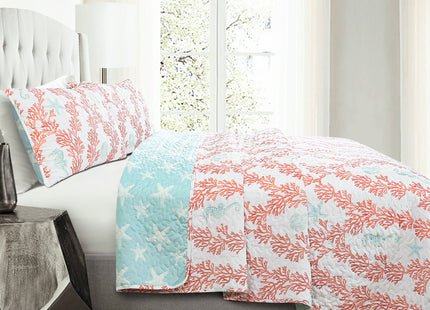 Lush Decor Dina Coral Reversible Cotton Quilt Queen Size 3 Piece Set Full/Queen Blue & Coral - Coastal Bedding Set Queen Quilt Blue - Ocean Décor
