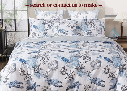 FADFAY Twin XL Sheet Set 4 Pieces, 100% Cotton Coastal Sea Turtle Bed Sheets, Soft Breathable College Bedding, Deep Pocket Fitted Sheet, Blue White Nautical Ocean Coral Seaweed Sheets for Dorm Room