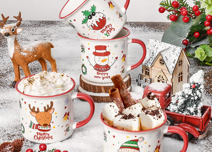 YHRJWN Christmas Mugs Set of 4, Festive Design Coffee Mugs with Santa Snowman Reindeer, Holiday Mugs for Hot Cocoa, Gifts for Family Friends, Holiday Decor, 13 Oz