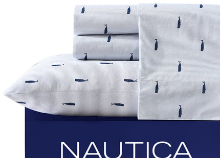 Nautica - Queen Size Sheet Set, Crisp Cotton Percale Bedding with Matching Pillowcases, Fully Elastic Fitted Sheet, Deep Pocket, Nautical Room Decor, Breathable All-Season Comfort (Whale Stripe Blue)