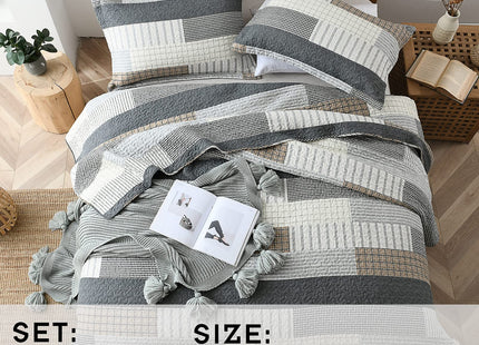 PERHOM Quilt Queen Size - 100% Cotton Farmhouse Rustic Queen Quilt Set, Cabin Bedding Set Bedspreads, Lodge Lightweight Patchwork Plaid Quilted Comforter for Queen Bed, Grey/Brown/Beige