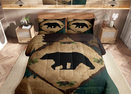 Homewish Lodge Cabin Comforter Set King Size 3 Pcs Wild Bear Retro Grid Rustic Style Comforter for Kids Teens Adults Outdoor Animal Pine Trees Silhouette Bedding Set with 2 Pillowcases+1 Comforter