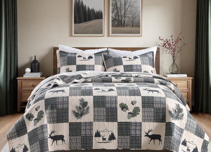 Cabin Quilt Set - 3-Piece Queen Rustic Bedding Set - Lodge Deer Bedspread