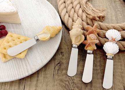 Supreme Housewares Seashell Cheese Spreaders, Hand-Painted Resin Handles with Stainless Steel Blades for Spreading Cream Cheese, Butter, and Jam, Assorted Designs, Set of 4