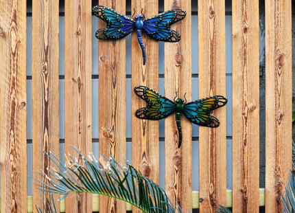 HONGLAND 2Pcs Metal Dragonfly Wall Decor Outdoor Dragonfly Wall Art Glass Sculpture for Home Garden Fence-Blue&Green