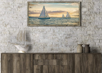 Ocean Framed Wooden Wall Art: Coastal Painting Art 40"x20" Sail Boats Artwork Decor Sunset Seascape Picture Prints for Office