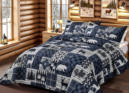 2 Piece Cabin Quilt Sets Twin Size Farmhouse Rustic Reversible Microfiber Soft Lightweight Bedspread Comforter with 1 Sham Patchwork Country Lodge Bedding Quilts Set for All Season, 68''x86'', Blue
