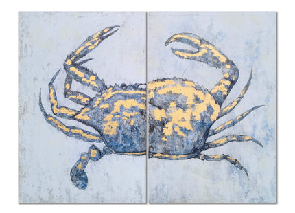 Yihui Arts Blue and Gold Foil Crab Diptych Wall Art - Nautical & Retro Art Decor for Home