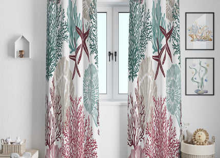 Llylumty Coastal Window Curtains Grommet Drapes Nautical Ocean Beach Sea Shells Starfish Themed Window Curtains,Grommet Blackout Curtain for Living Room Kitchen,Red Green 42x45in
