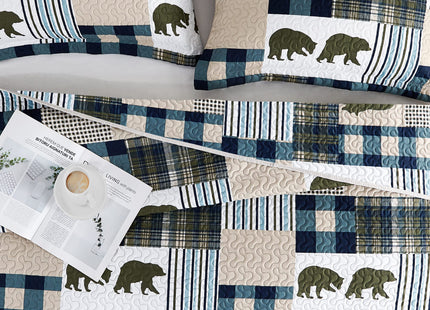 UMCHORD Queen Quilt Bedding Set, Cabin Bear Quilt, Queen Size, Green