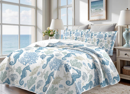 Nautical Queen Quilt Set, Coastal Seahorse Bedding, 3 Piece, 90"x96"