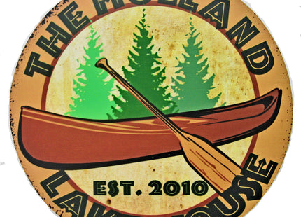 Tin Sign Shop | Vintage Lake House Sign with Canoe | Personalized to Your Specific Needs | Round 14" Diameter
