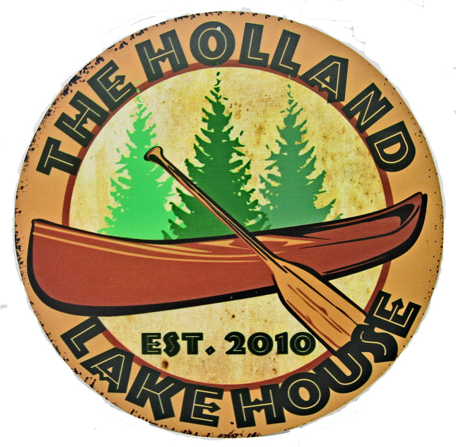 Tin Sign Shop | Vintage Lake House Sign with Canoe | Personalized to Your Specific Needs | Round 14" Diameter