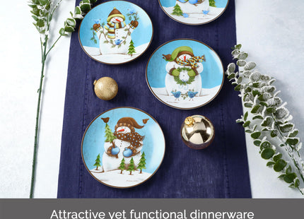 Pfaltzgraff Evergreen Ernie Snowman Porcelain Salad Plates, Set of 4, 8 Inch, Blue