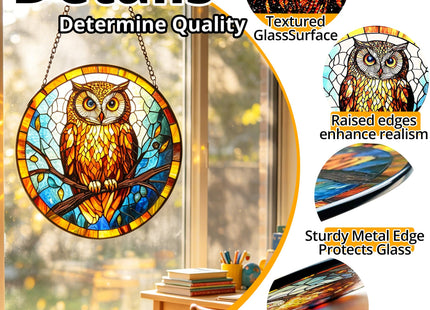 Stained Glass Owl Suncatcher, 7.8’’ Bird Window Hanging Gift for owl Lovers