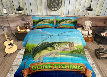 Castle Fairy Teens Lake Fishing Comforter Set Queen Size,Bass Fish Bedding Set for Kids Boys Girls Bedroom Decoration,Fish Rod Bed Duvet Insert,Hunting and Fishing Comforter with 2 Pillowcases