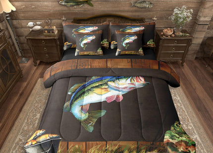 Erosebridal Twin Size Pike Fish Comforter Set with Sheets - 7 Pieces Rustic Bass Fish Bedding Set for Teens Adults Cabin Lodge Hunting Theme Bed in A Bag with Flat Fitted Sheet Wild Animal Bed Sets