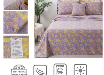 FADFAY Beach Theme Sheets Set King Purple Yellow Starfish Ocean Bedding Coastal Nautical Bedding Super Soft Washed Double -Layer Muslin Sheets 100% Cotton Deep Pocket Fitted Sheet 4Pcs, King Size