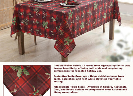 Newbridge Christmas Red Spruce Plaid 60 x 102 Inch Rectangle Fabric Tablecloth – Holly, Pinecones & Evergreen Winter Print, Soil Resistant No-Iron Holiday Dining Table Cover