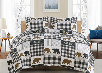 Market & Place 2 Piece Reversible Quilt Set with Sham | Twin Cabin Comforter Set | Rustic Bear Buffalo Check Lodge Bedding | Orson Collection (Twin, Navy/Taupe)
