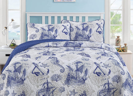DJY Ocean Coastal Quilt King Size, 3 Pcs Seahorse Bedspread Coverlet Set