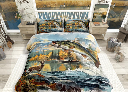 Erosebridal Bass Fishing Full Comforter Set,Hunting Deer Bedding Sets for Kids Boys Girls,Big Pike Fish Quilt Bed Set,Rustic Mountain Lake House Bedroom Decor,2 Pillowcases Lightweight