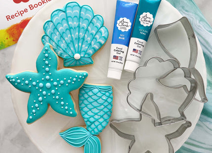Mermaid Cookie Cutters and Decorating 5-Pc. Set Made in USA by Ann Clark, Starfish, Seashell, Mermaid Tail, Teal & Sky Blue Food Coloring Gel