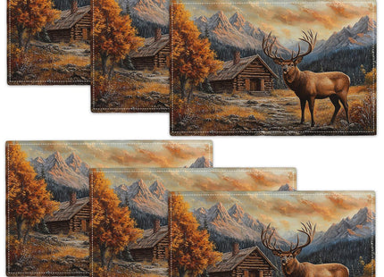 Farmhouse Deer Placemats Set of 6, Country Natural Place Mats, Rustic Forest Lodge Elk Wildlife Dining Table Mats, Washable Placemats for Kitchen Dining Room 18L'' × 12W''