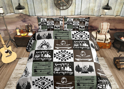 Camping Rustic Comforter Set Brown Green Plaid Jungle Adventure Bedding Comforter for Kids Teens Adults Pine Trees Lake Boat Tribal Grid Bedroom Quilt Set with 2 Pillowcases Queen Size 3 Pcs