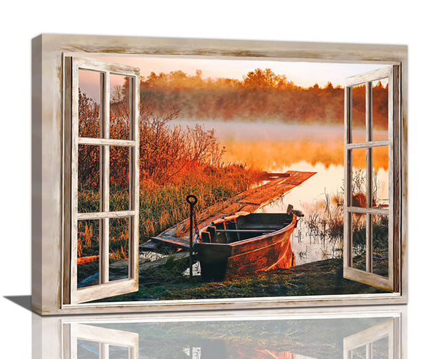 Coastal Autumn Bathroom Wall Art Boat Pier Sunset Pictures Autumn Fall Wall Decor Seaside Scenery Bathroom Canvas Prints Painting Framed Artwork for Bathroom Bedroom 16"x12"