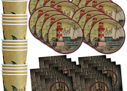 Lighthouse Nautical Party Supplies - Maine Coast Plates and Napkins - Father's Day Tableware Set Includes Plates Napkins Cups - Kit for 16
