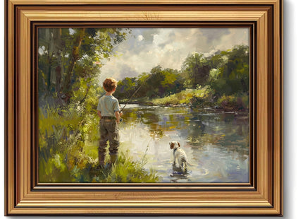LECYHCYHLE Boy Fishing Framed Wall Art Boy And Dog Wall Decor 9×11 In