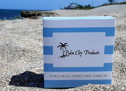 10 Piece Beach Themed Wine Charm Set - Nautical Stemmed Wine Glass Charms