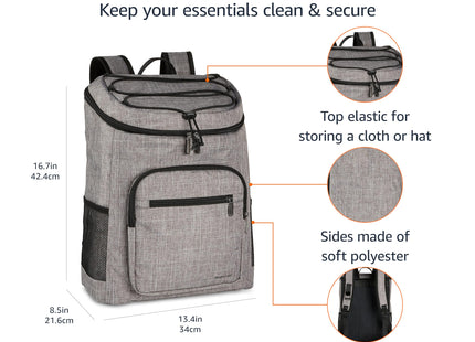 Amazon Basics Insulated Cooler Backpack for Camping and Hiking, Portable Soft Sided Cooler with 30 Can Capacity, Leak-Proof, Water-Resistant, Gray