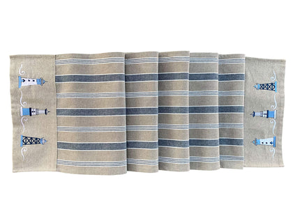 Nautical Table Runner - 72 Inch - Cotton Decorative Embroidered Design – Natural, Navy Blue and White (Coastal Lighthouse)