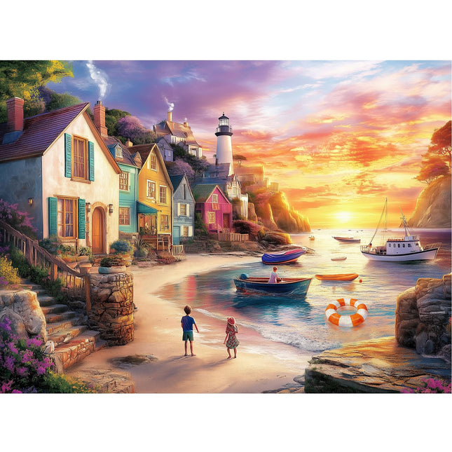 500 Piece Jigsaw Puzzle for Adults, Sunset Coastal Town with Lighthouse Colorful Houses and Beach Scene, Ocean Puzzle for Family Game Night and Home Decor, 20.5 x 15 in