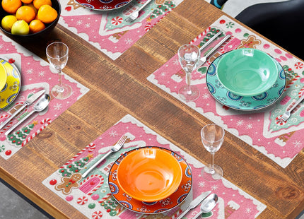 Christmas Gingerbread Placemats Set of 4 18x12 Inch Gingerbread House Xmas Tree Pink Linen Place Mats Heat-Resistant Wipeable Winter Holiday Table Mat for Party Kitchen Dining Room Dinner Table Decor