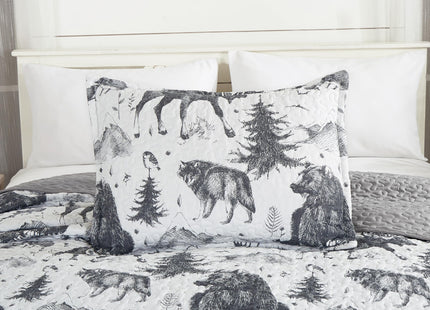 Chezmoi Collection Denver 3-Piece Southwestern Lodge Quilt Set King - White Black Gray Grizzly Bear Wolves Moose Pine Tree Mountain Printed Microfiber Lightweight Bedspread Set for All Season