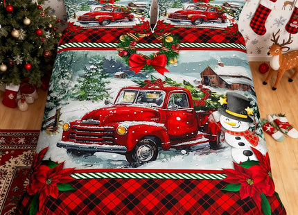 Homewish Christmas Truck Duvet Cover Set Twin Size Kids Girls Boys Red Plaid Decor Pine Tree Bedding Set 2pcs Winter Snow Comforter Cover Happy New Year Quilt Cover,1 Pillowcase (No Comforter)