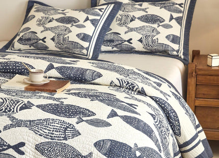 3-Piece Cotton Coastal Quilt Set, Navy Fish Bedspread with Shams, King