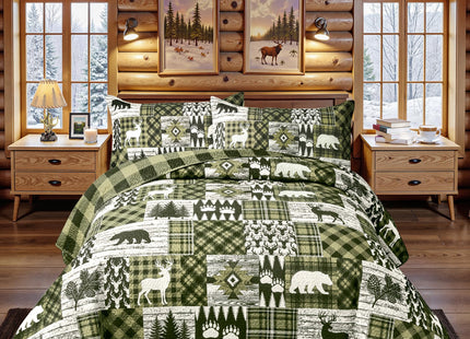 3 Piece Cabin Full/Queen Quilt Sets Farmhouse Rustic Reversible Microfiber Soft Lightweight Bedspread Comforter with 2 Shams Patchwork Country Lodge Bedding Quilts Set for All Season, 90''x96'', Green