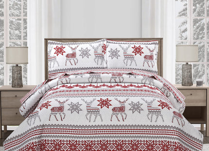Jessy Home Christmas Quilt Set King Size Bedding Xmas Bedspread Coverlet Holiday Deer Snowflake Decor Soft Lightweight Bedding,Red White