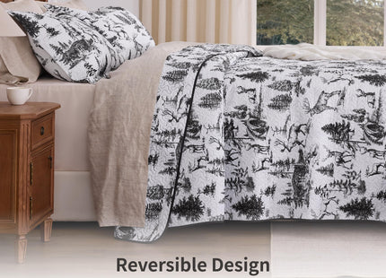 PPOLCA Rustic Twin Quilt Bedding Set, Christmas Lightweight Reversible Cabin Deer Bedspread Coverlet, 2-Piece Lodge Bed Cover Quilt with 1 Pillow Sham for All Season, White and Black