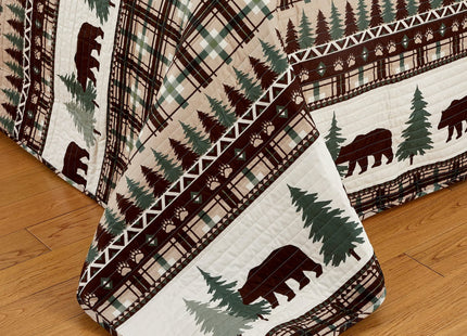 3 Piece Reversible Quilt Set with Shams | All-Season Soft & Lightweight Bedspread | Rustic Lodge Cabin Printed Plaid Design | Cedar Creek Collection (King, Chocolate/Green)