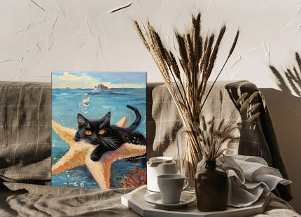 Framed Black Cat Ocean Wall Art, Cute Cat Holding Starfish Canvas Print, Funny Animal Lovers Sea Life Painting Picture for Bathroom Bedroom Kids Room Home Decor 12x16 Inch