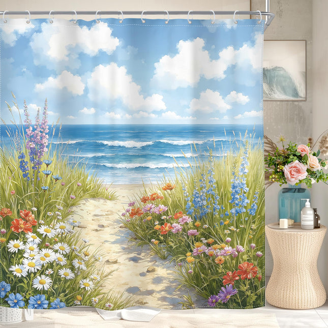 Beach Shower Curtain Set Ocean Summer Coastal Spring Beachy Bathroom Decor